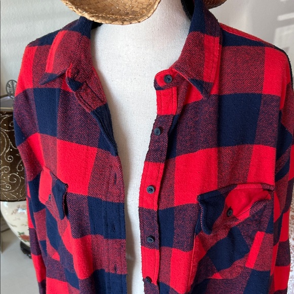 NWT Aerie lumberjane red navy western buffalo check cotton oversized shirt L - Picture 3 of 11